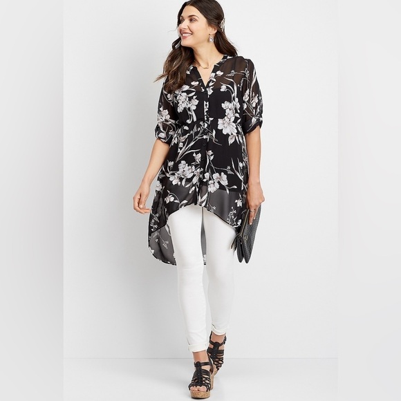 Maurices Tops - Maurice’s black floral button down high low tunic blouse